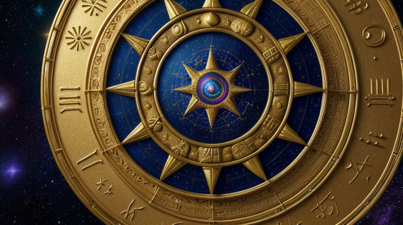 detailed close-up photo of zodiac wheel with astrological symbols and cosmic elements